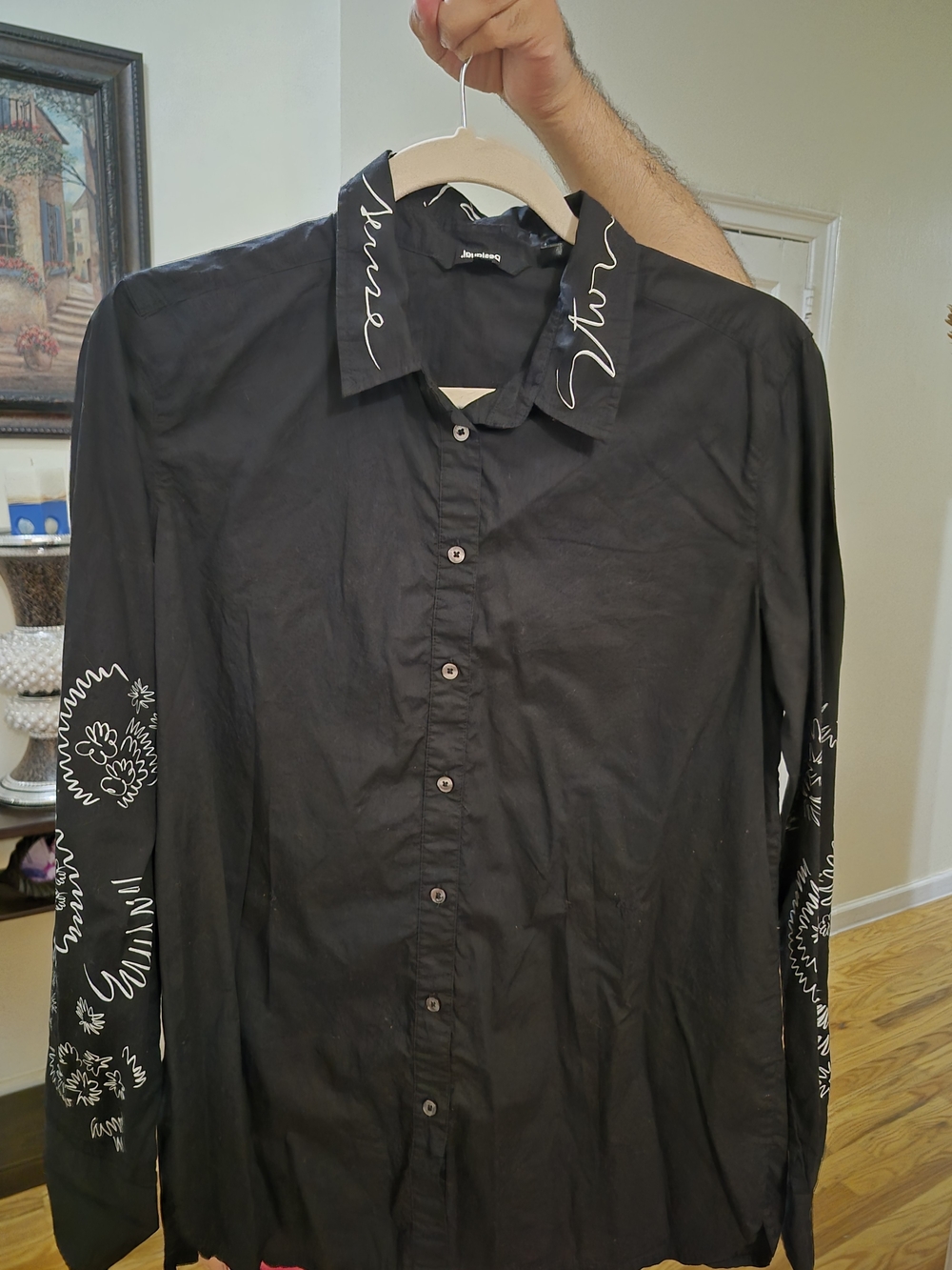 Desigual Black Button-Up Blouse with White Script Accents